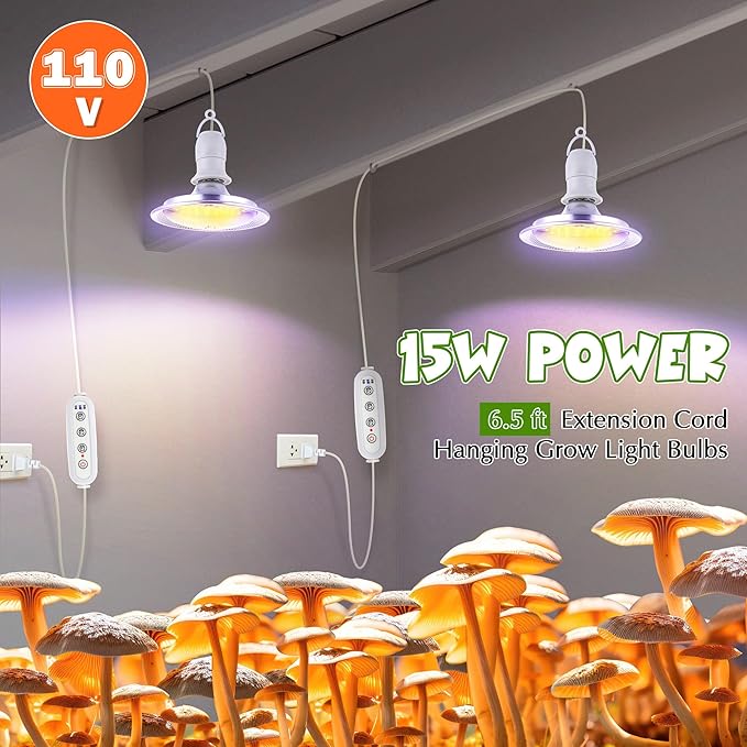 Meonum Mushroom Grow Light with 3/6/9 Hour Timer, 360° LED Hanging Grow Lights Bulb for Mushroom