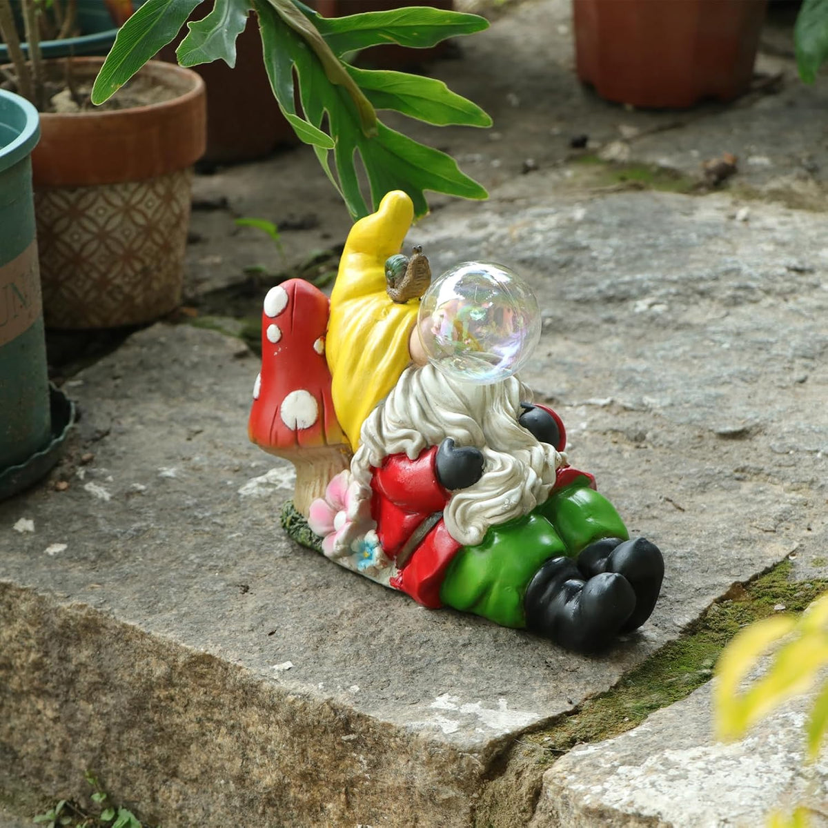 Garden Gnome Statue Outdoor Decor, Funny Gnome Figurine Lying on Mushroom with Crackle Globe