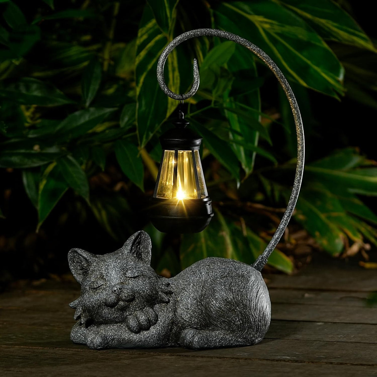 Outdoor Cat Figurine Garden Statue with Solar-Powered LED Light 13.77 Inches Tall Gift Garden