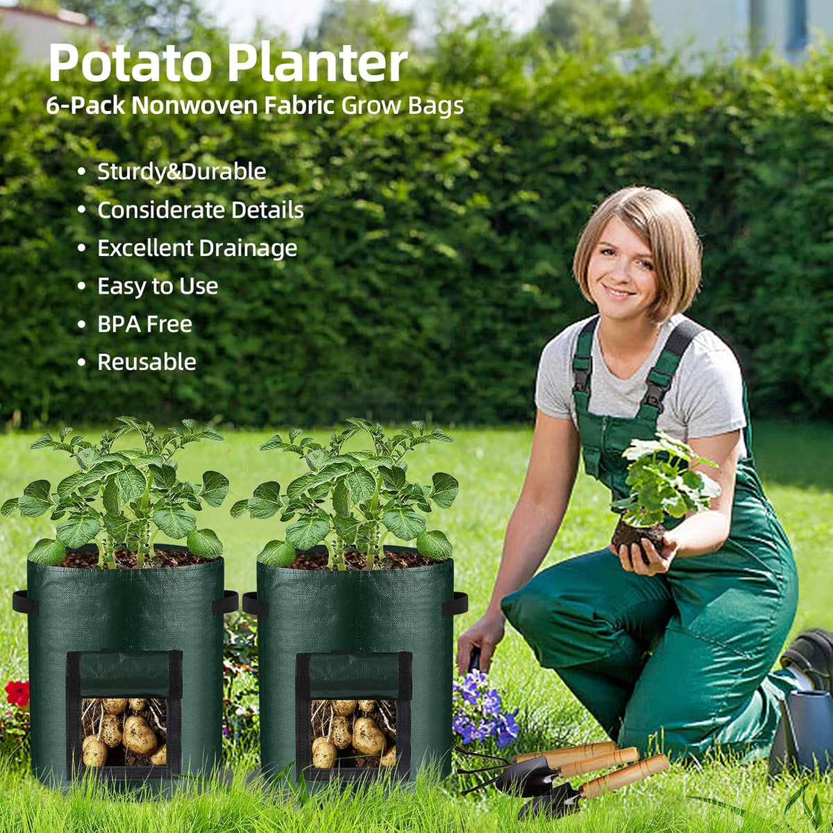 10 Gallon 8-Pack Grow Bags, Durable PE Fabric Pots with Flap and Handles, Green Planter Bags for