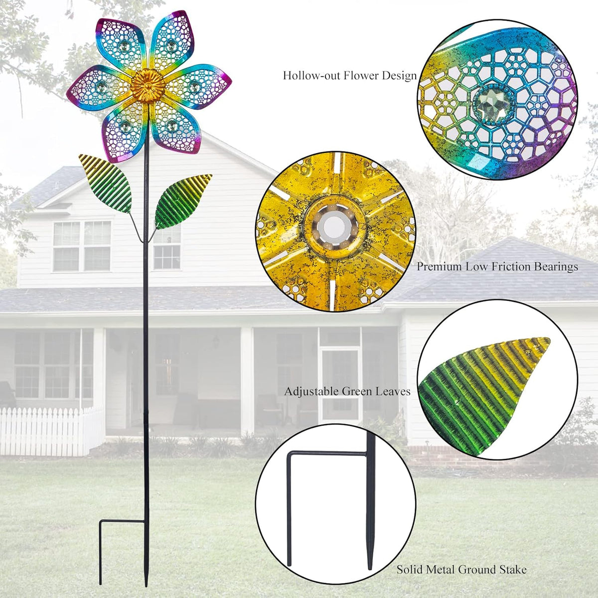 Wind Spinner with Metal Stake, Outdoor Garden Pinwheels Spinners Hollow-Out Flower Shape Design for