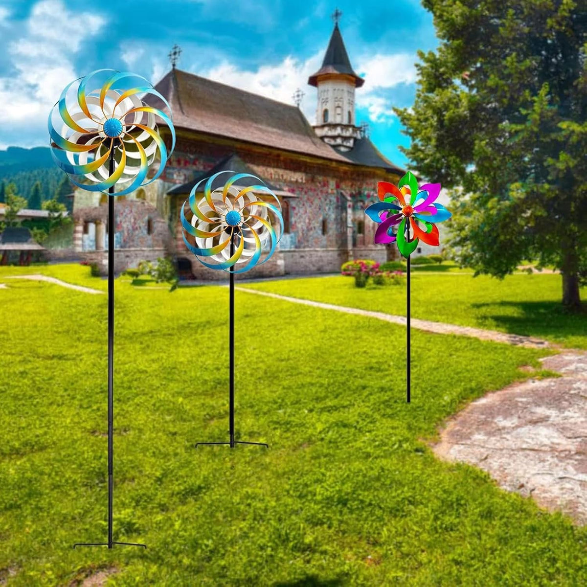 Solar Metal Wind Spinner, Multi-Color Led Lighting Solar Powered Glass Ball Dual Direction for