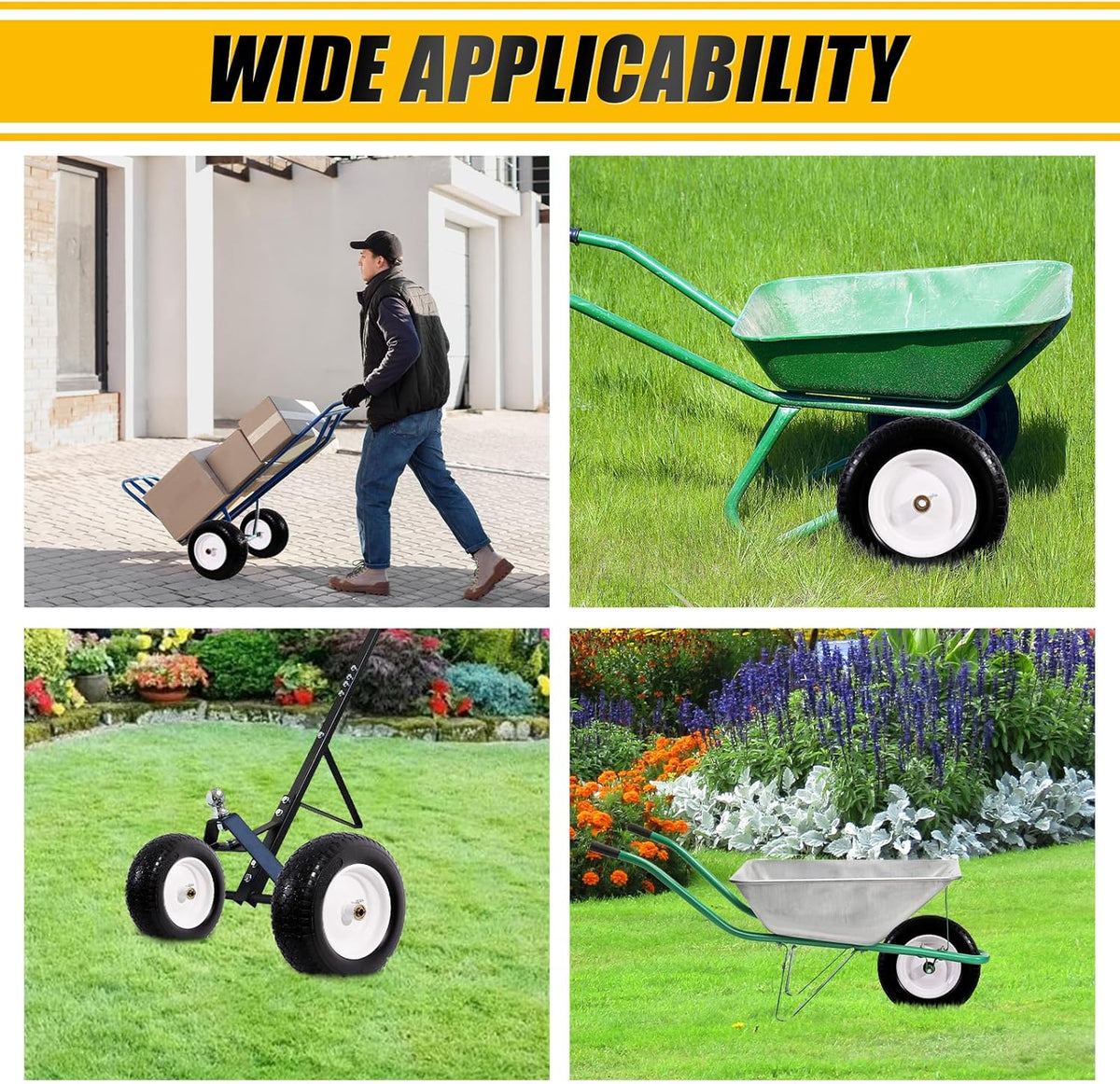 MZREXN 14.5" Wheelbarrow Tire Flat-Free 3.00/3.25/3.50/4.00-8" Solid Tire and Wheel with 3"-7"
