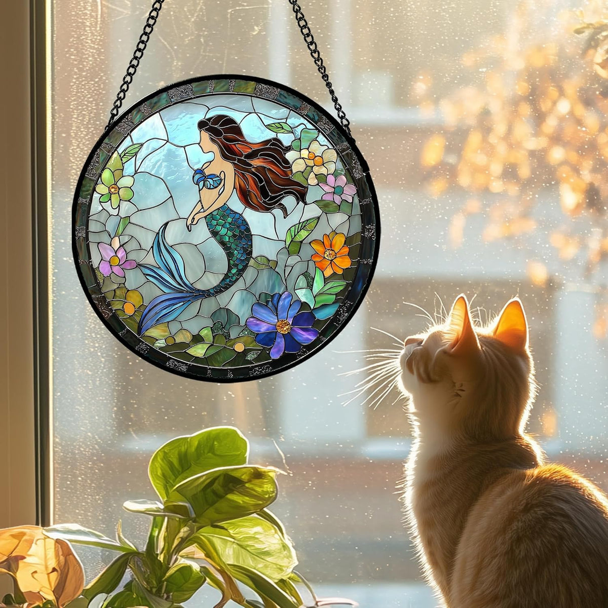 Stained Glass Window Hanging - Light Blue Mermaid Suncatcher for Door Terrace Garden Home Decor