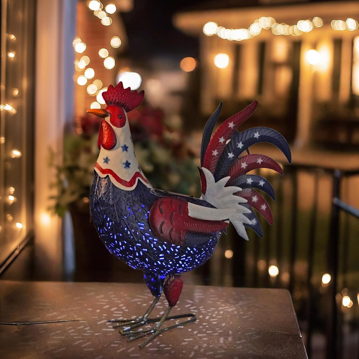 LIFFY Metal Rooster Yard Decor,18" Solar Powered Chicken Sculpture with Patriotic Flag