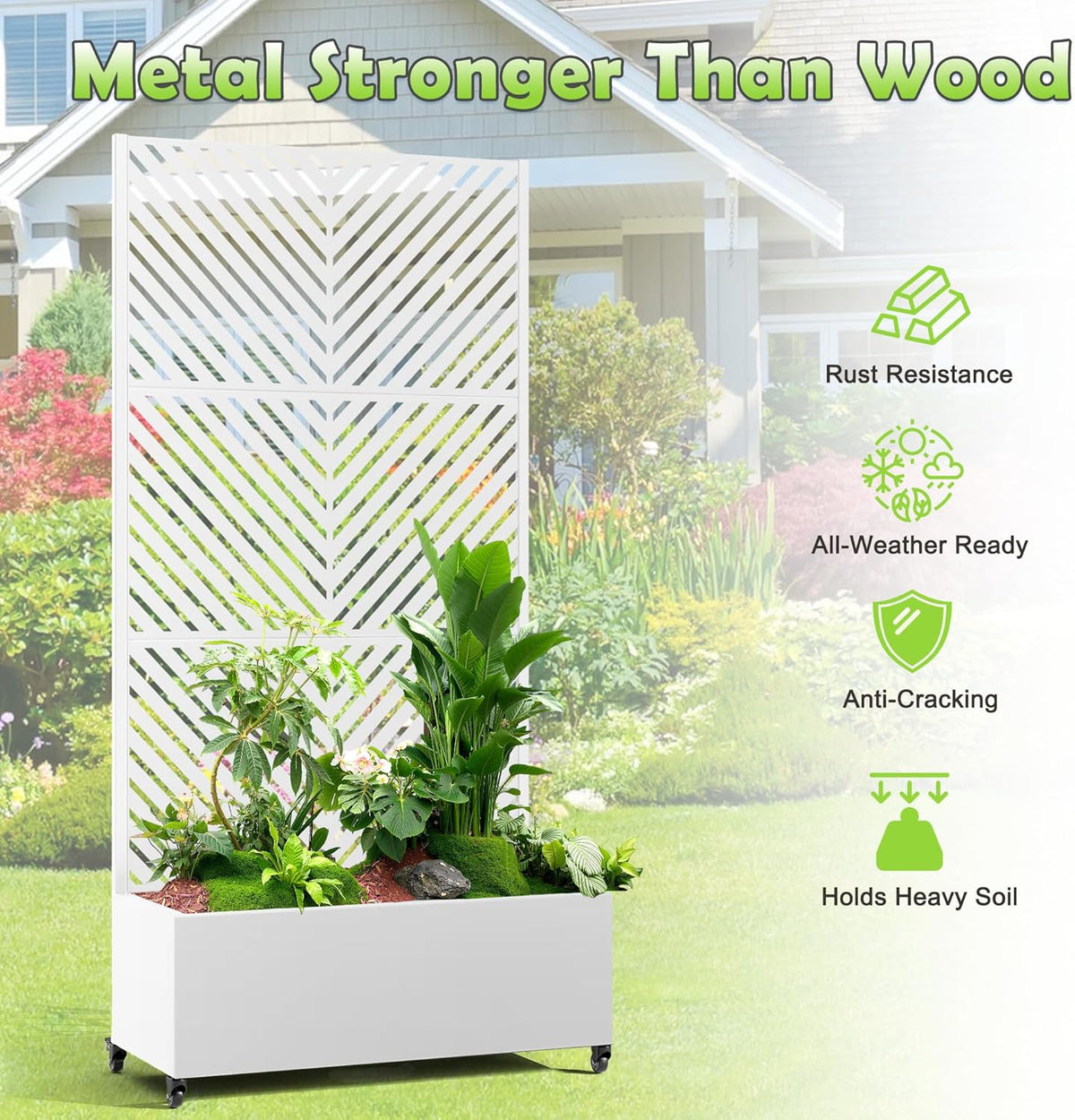 15.7"×70.9"×35.4" Metal Raised Garden Bed with Trellis and Wheels - Tall Trellis Planter Box for