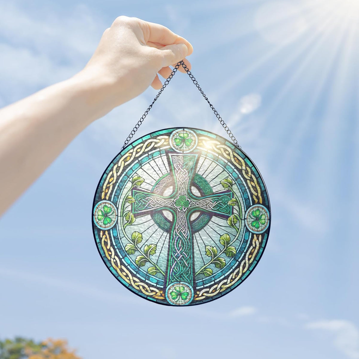FLAGWIX Christmas Irish Gifts for Women Men - 100% Stained Glass Hanging Suncatcher 8 in - Birthday