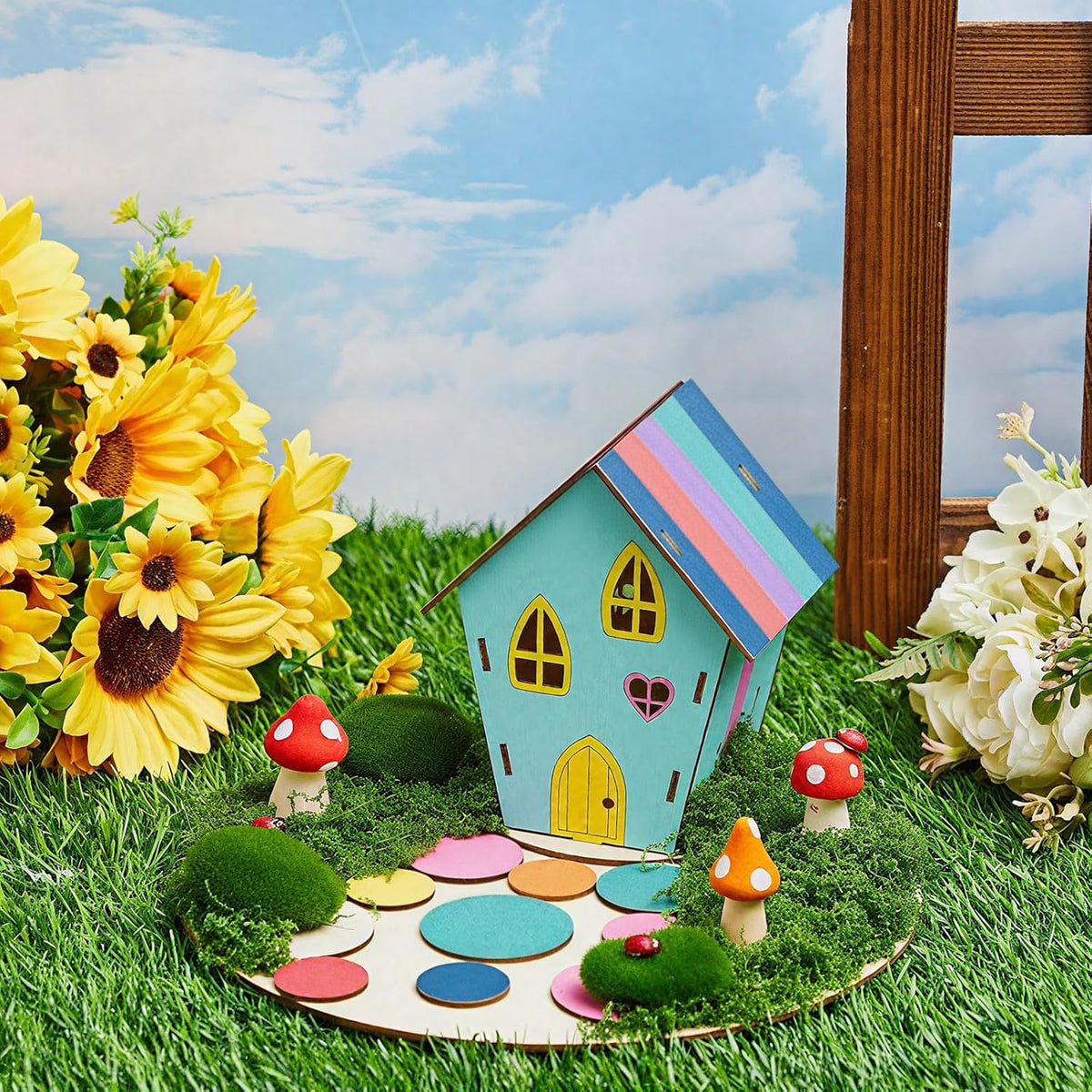 Kathfly 8 Sets Wooden Fairy House Craft Kit, Fairy Garden Kit with Paints & Decorations, Unpainted