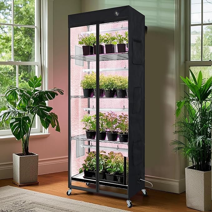 WORTH Mini Greenhouse with LED Grow Lights & Digital Thermo-Hygrometer – Portable Indoor Plant Grow