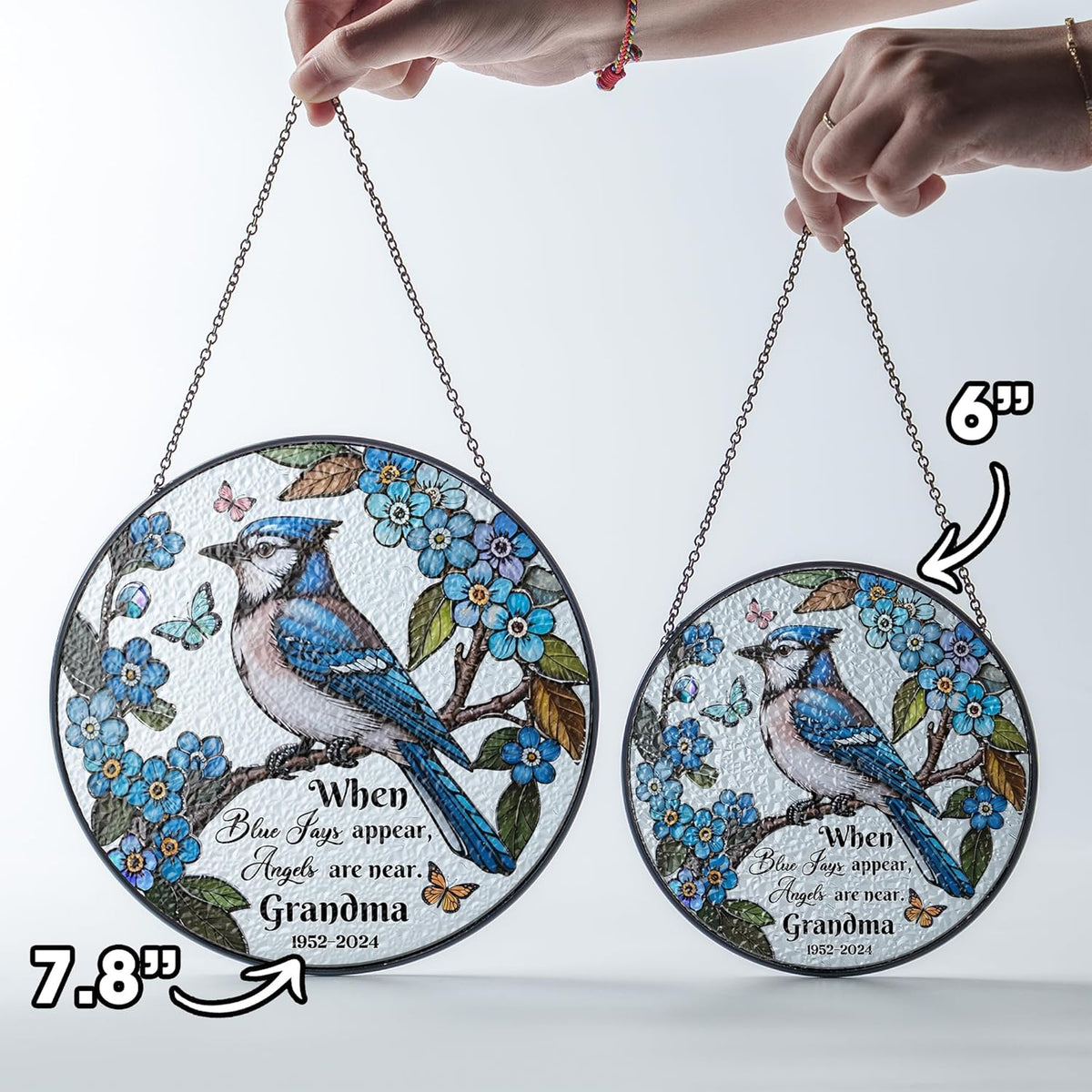 Custom Blue Jay Bird Stained Glass Sun Catcher Loving Memorial, Personalized Name, Dates & Quote