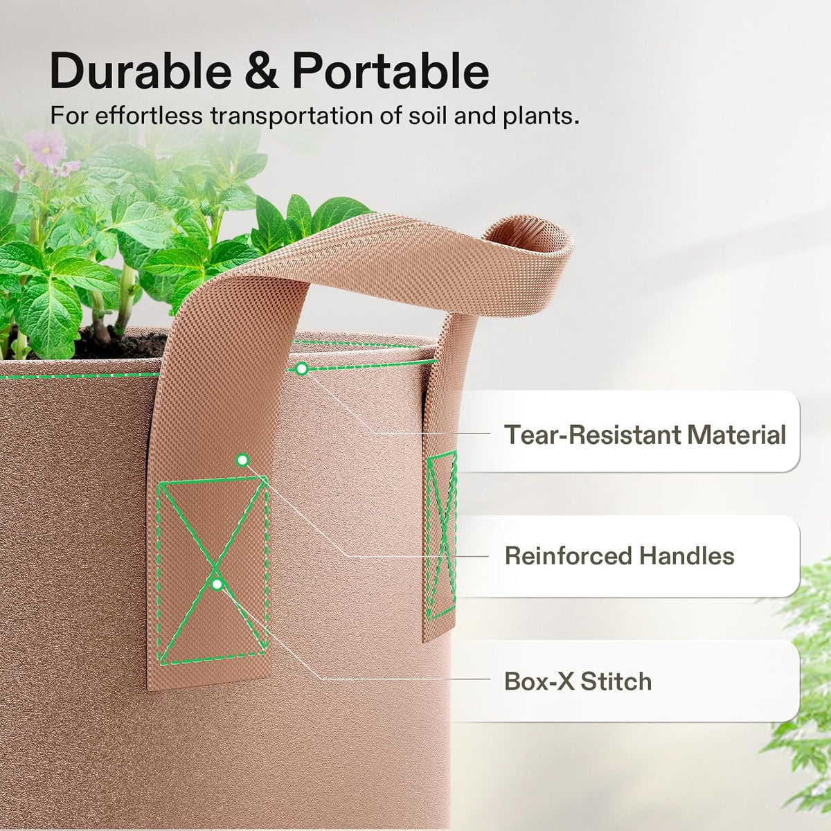 VIVOSUN 5-Pack 1 Gallons Grow Bags Heavy Duty Thickened Nonwoven Fabric Pots with Strap Handles Tan