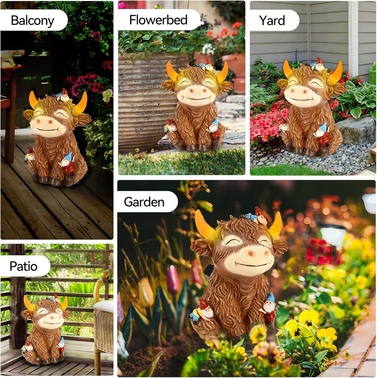 Solar Garden Statue Highland Cow Figurine with Funny Gnomes Garden Outdoor Decor for Yard Patio