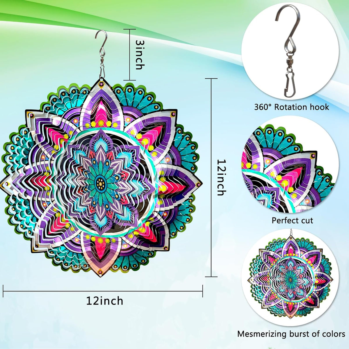 Goolyrusim Wind Spinner Mandala Jasmine, 12Inch Laser Cut Stainless Steel Wind Spinners, 3D Hanging