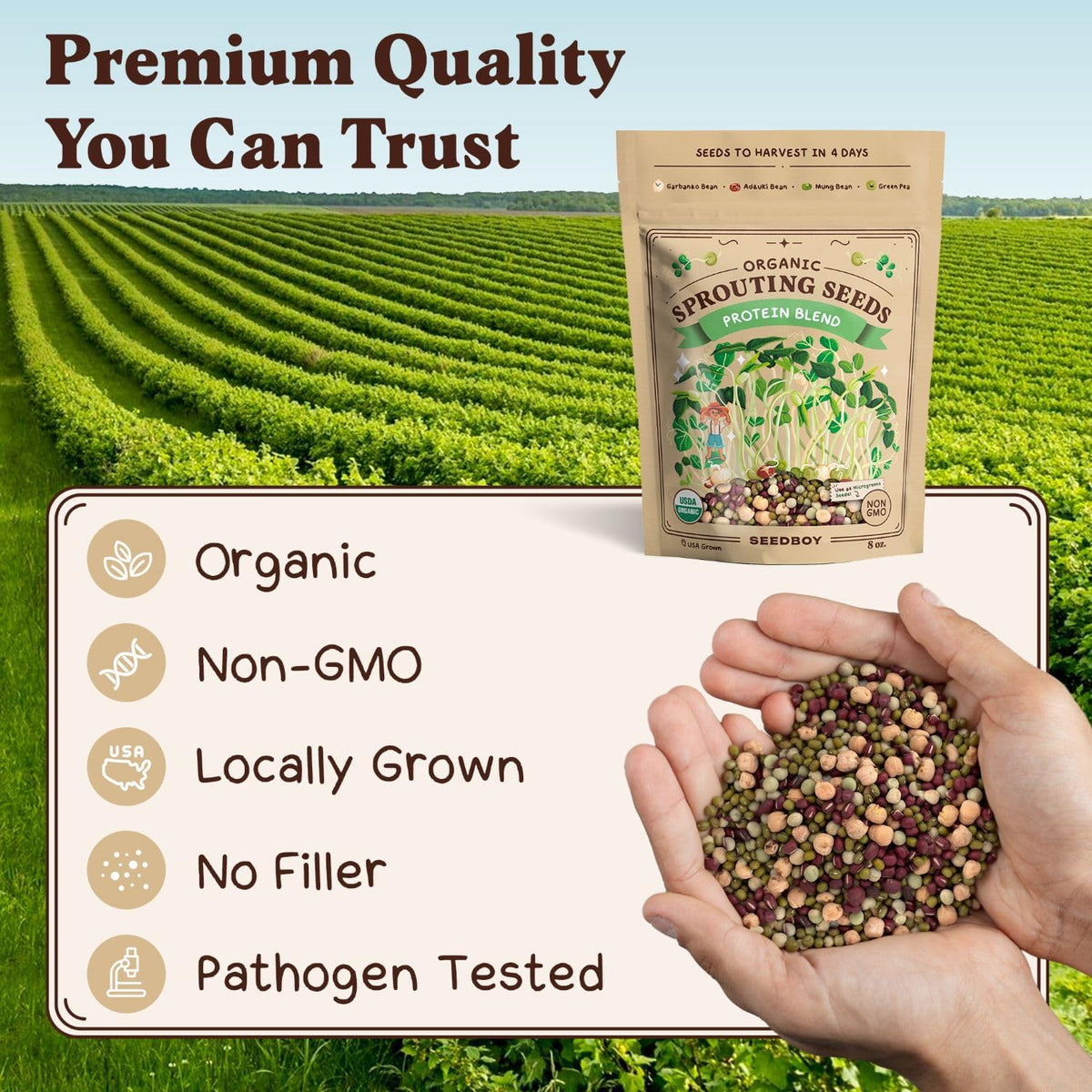 Seedboy Organic Non-GMO Sprouting Seeds, Protein Blend – USA Grown Microgreens Mix with Garbanzo