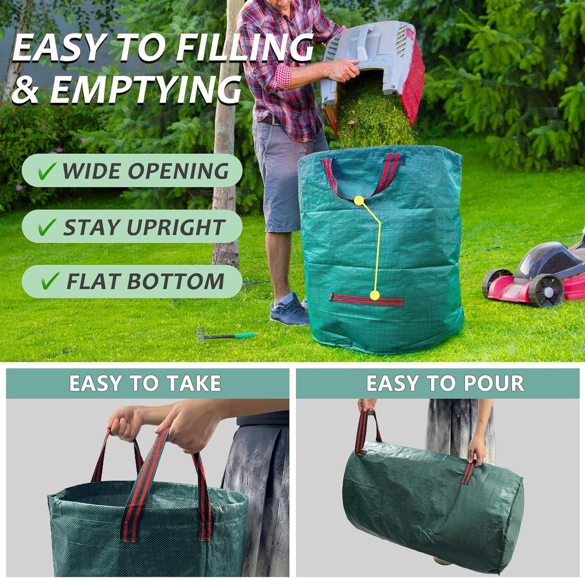 2 Pack 132 Gallon Reusable Yard Waste Bags (Green + Black), Durable Lawn and Leaf Bags with