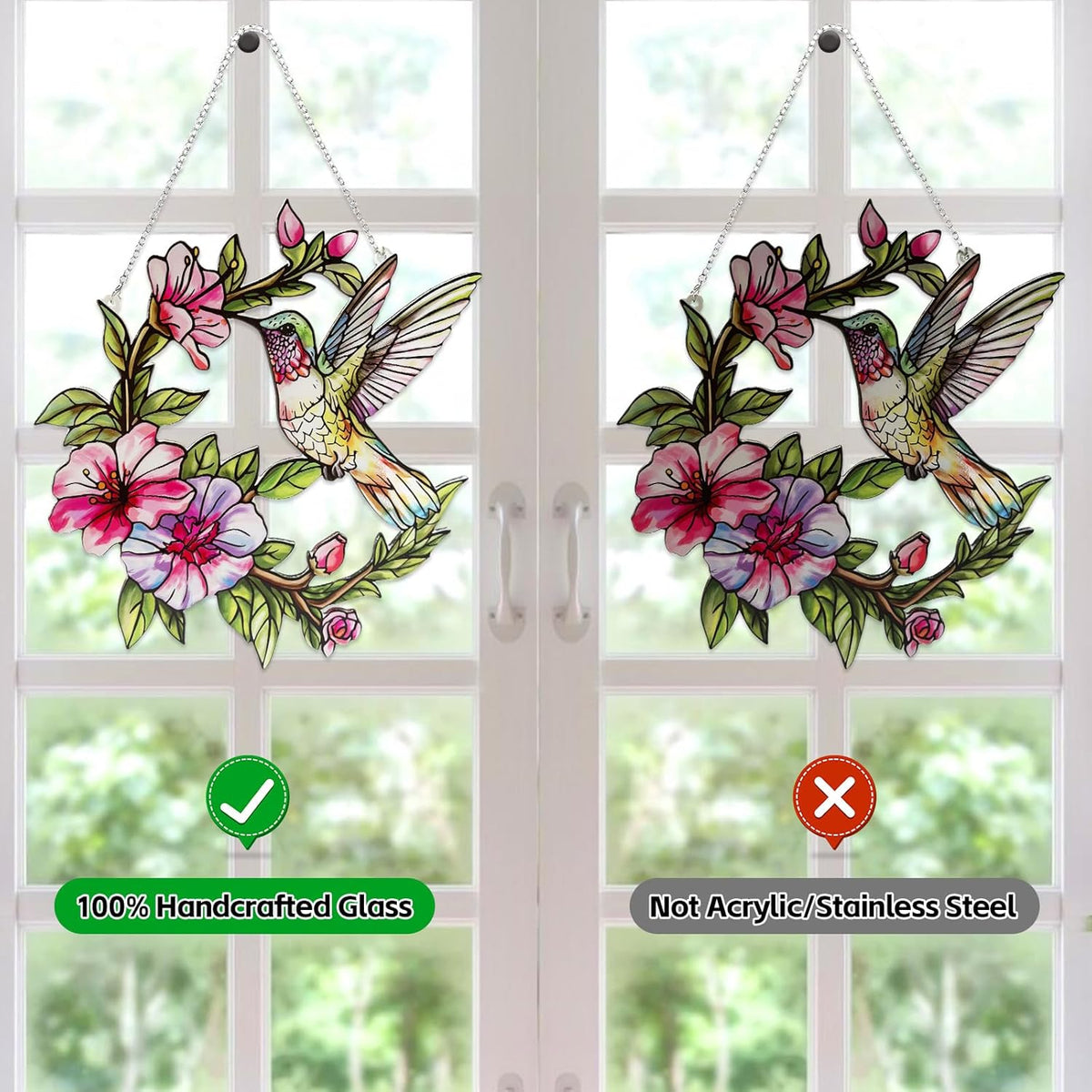 Stained Glass Window Hanging Hummingbird and Flower Suncatcher, Marzovitra 10 Inch Colorful Window