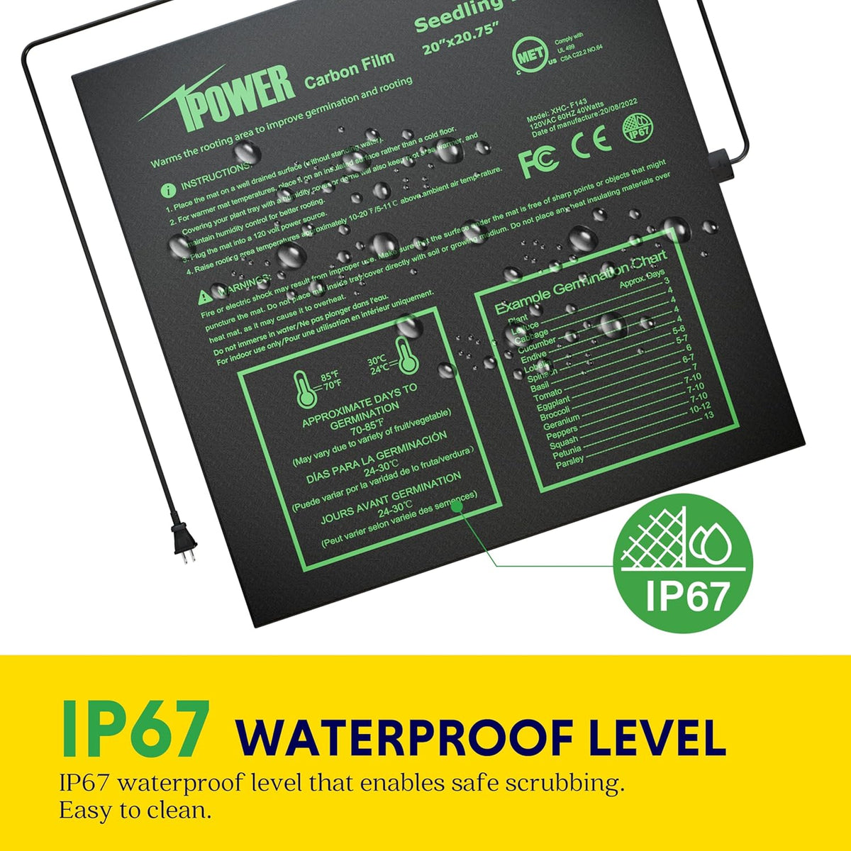 iPower 20"x20.75" Seedling Heat Mat with Built-in Temperature Controller, MET Certified Waterproof