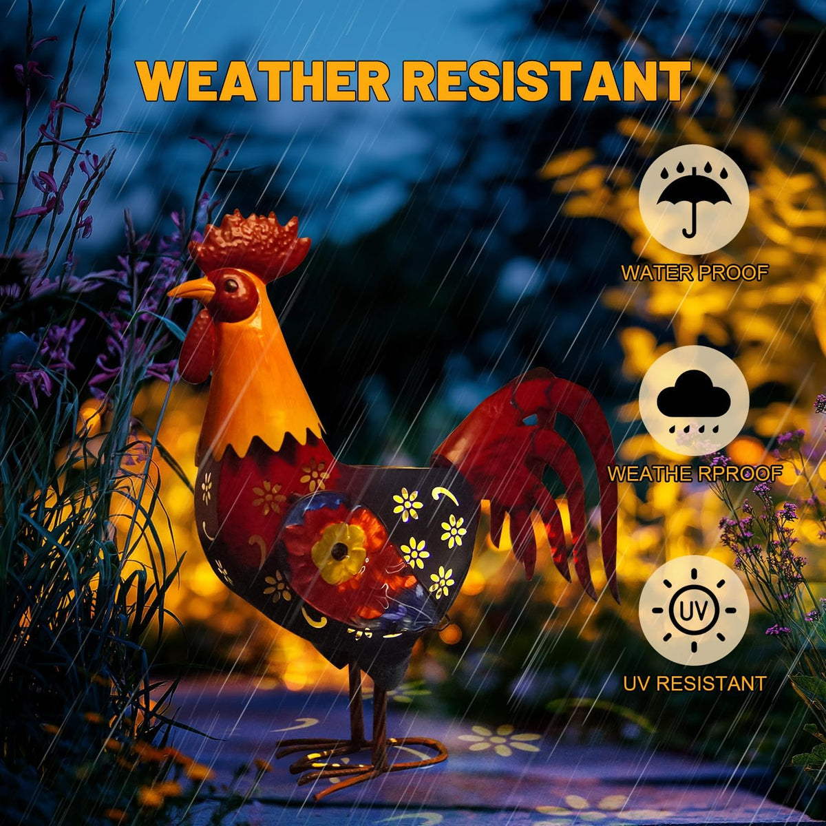 LIFFY Metal Chicken Yard Art,18" Solar Rooster Garden Statues Outdoor,Farm Animal Lawn Decorations