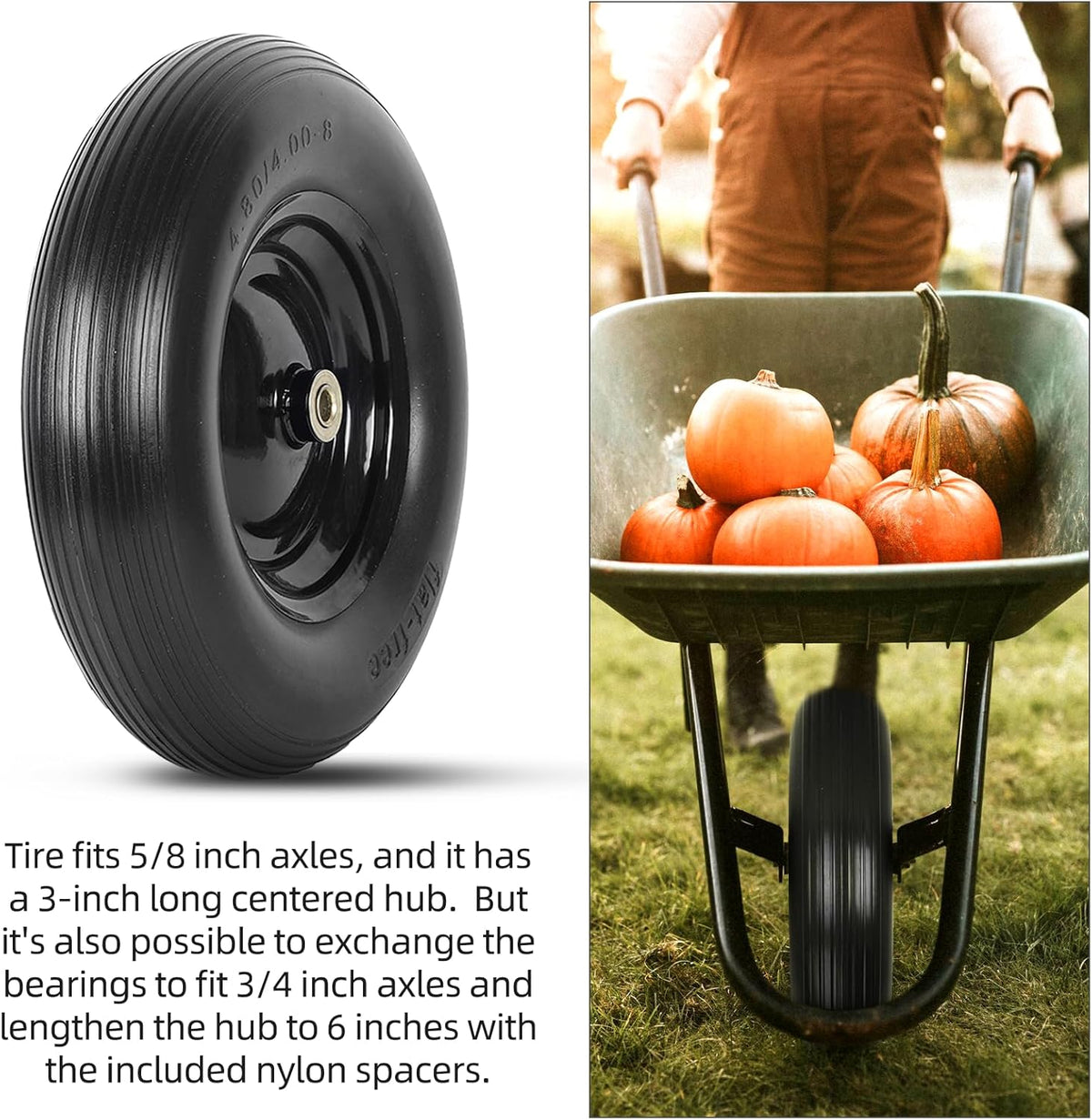 (2-PACK) 4.80/4.00-8" Tire and Wheel - Universal Fit 16" Flat Free Solid Wheelbarrow Tires with 3"