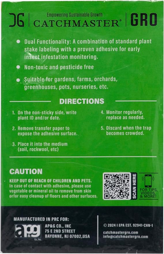 Catchmaster Dual Action Plant Labels 100 PK, Sticky Insect Trap Plant Stakes, for Live Plants