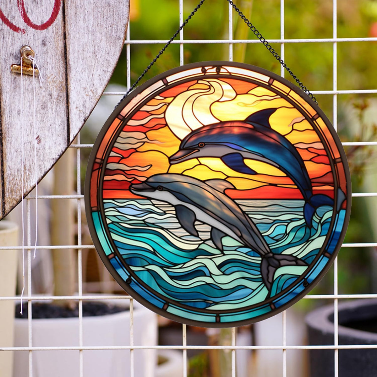Jumping Dolphin Pattern Suncatcher Stained Glass,Hanging Stained Glass for Windows,20cm/7.87inch