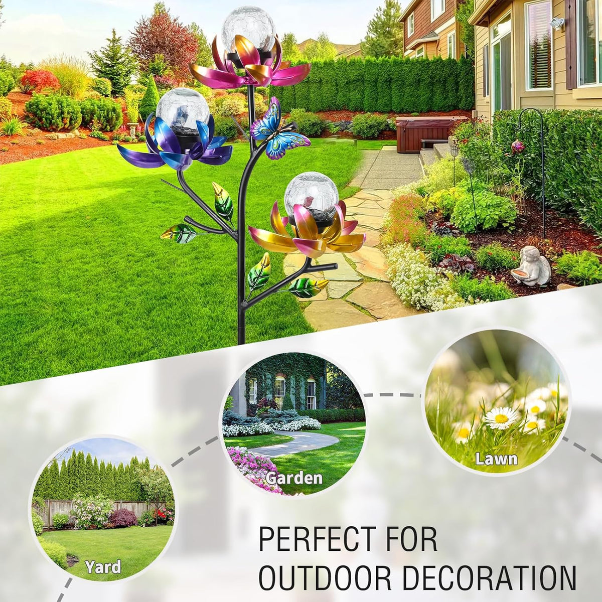 Solar Lights Outdoor Decorative Lotus Flowers Wind Spinner Garden Stake with LED Crackle Balls