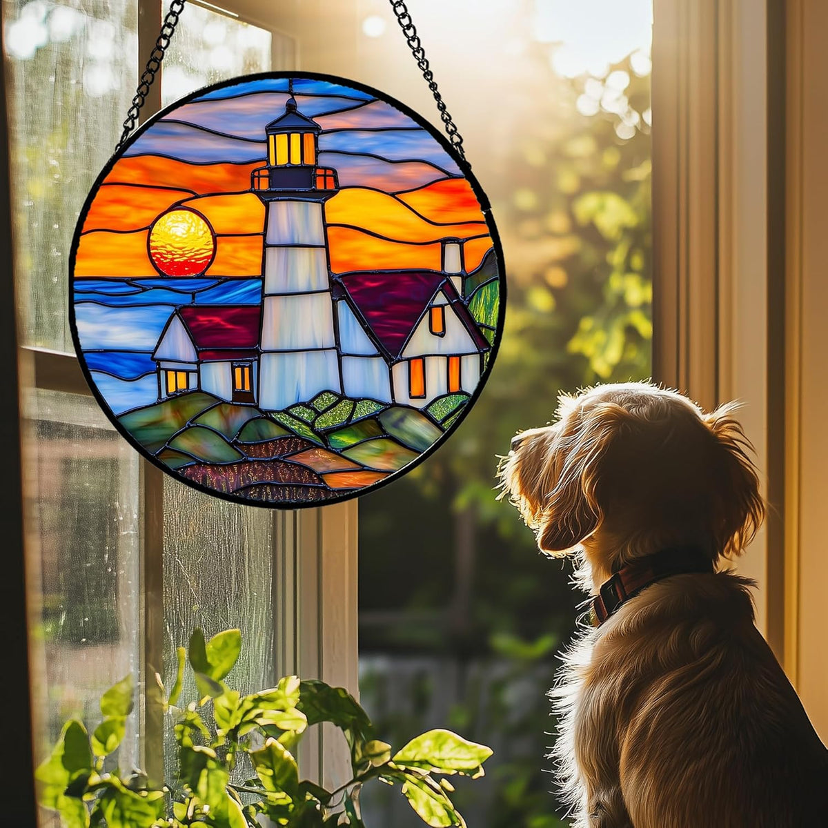 Stained Glass Window Hanging - Sea Lighthouse Suncatcher for Door Terrace Garden Home Decor Sunset