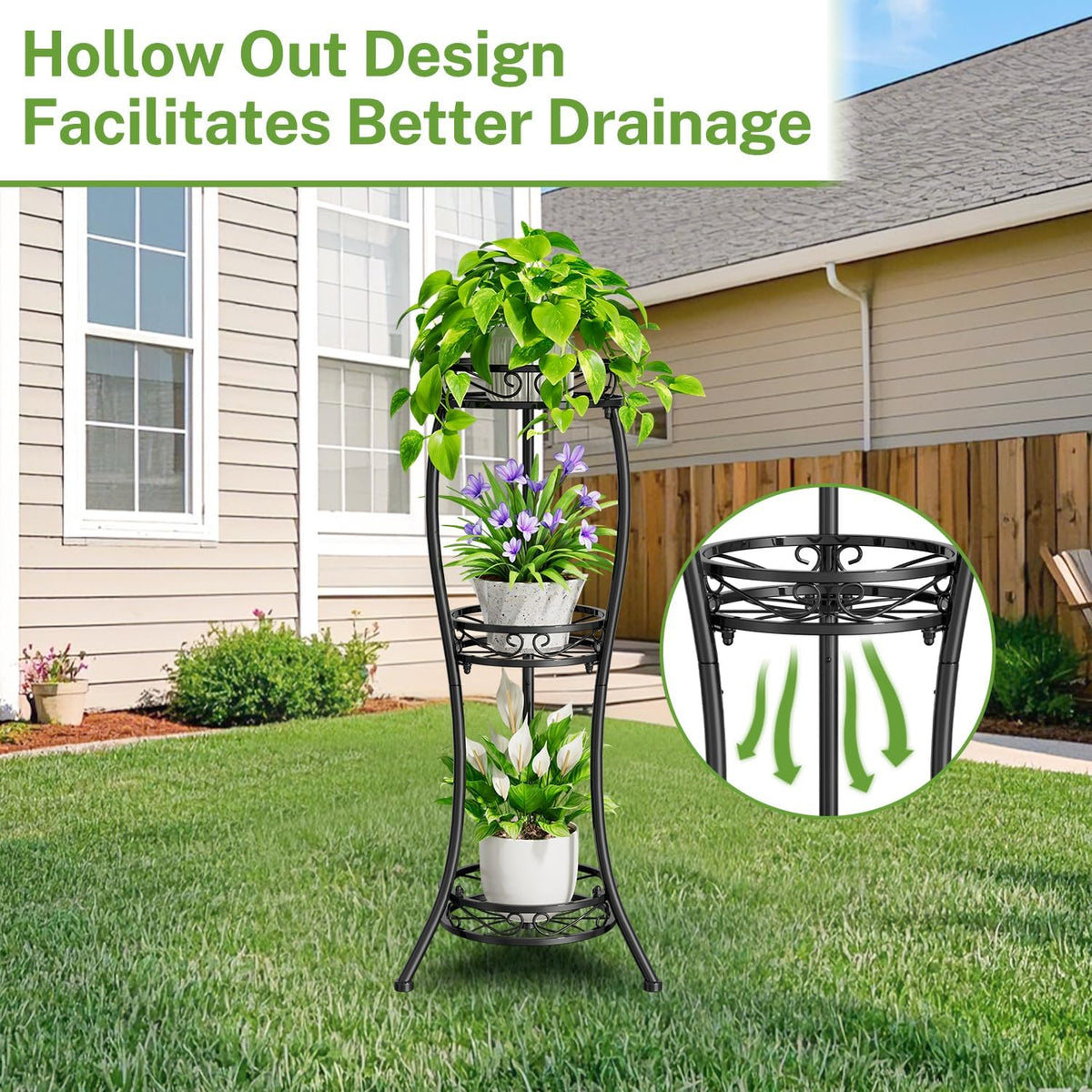 iDavosic.ly 3 Tier Tall Metal Plant Stand Indoor Outdoor, Wrought Iron Corner Flower Pot Holder