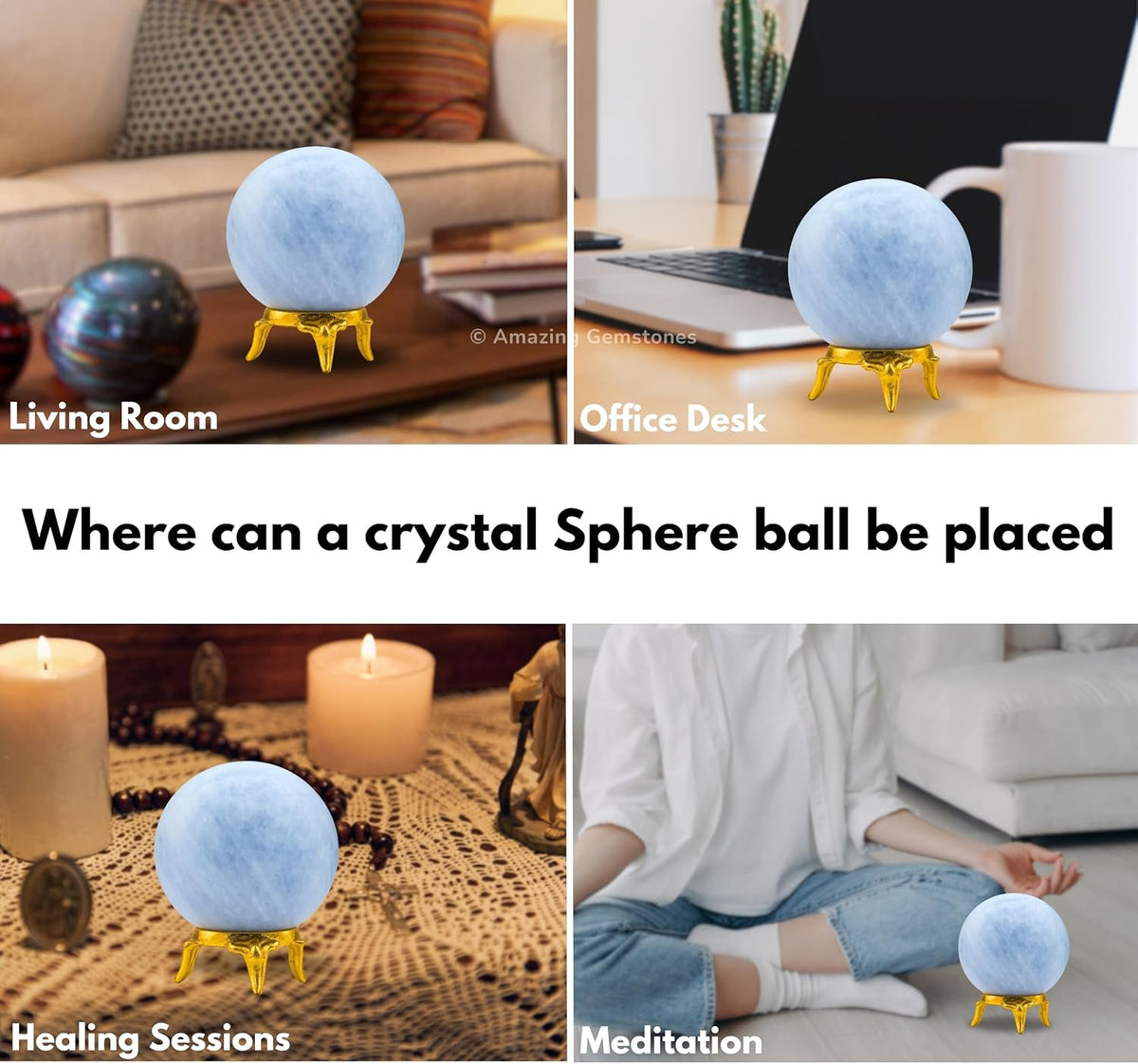 Amazing Gemstone Blue Calcite Crystal Ball with Stand - 2" Inches Crystal Sphere Meditation Balls