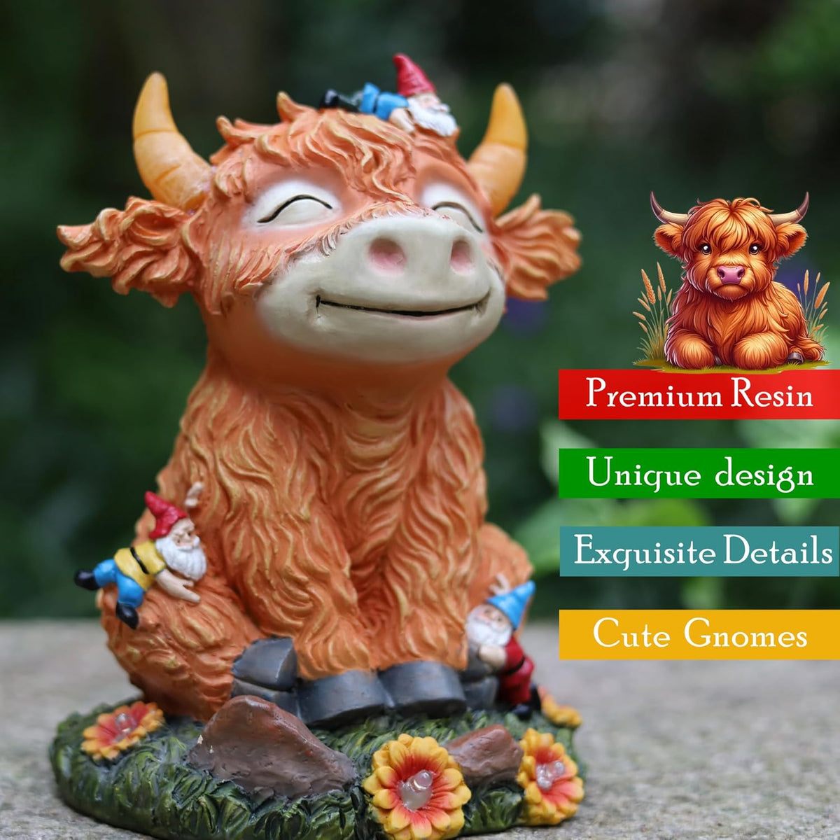 Solar Garden Statue Highland Cow Figurine with Funny Gnomes Garden Outdoor Decor for Yard Patio