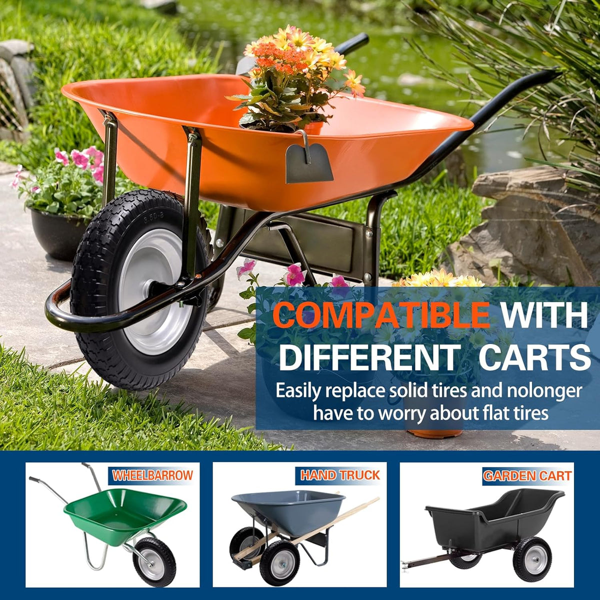 4.80/4.00-8 Tire, 14.5" Flat Free Wheelbarrow Tire and Wheel, 5/8" 3/4" Bearings Solid Replacement