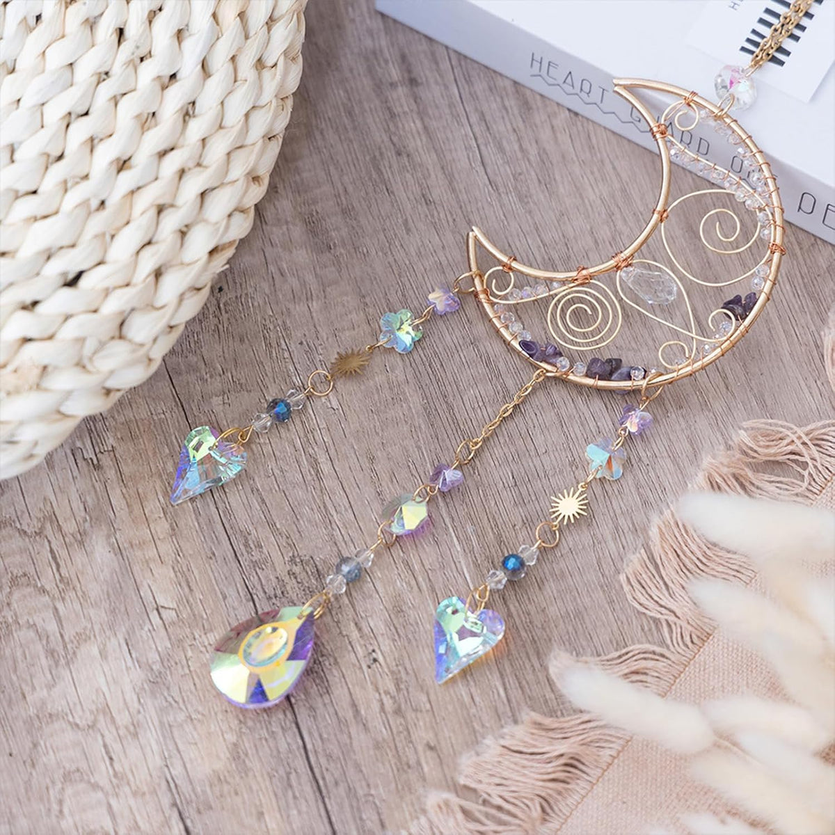 TUOKING Crystal Moon Suncatchers for Window Hanging Natural Healing Stones Wind Chimes Sun Catcher