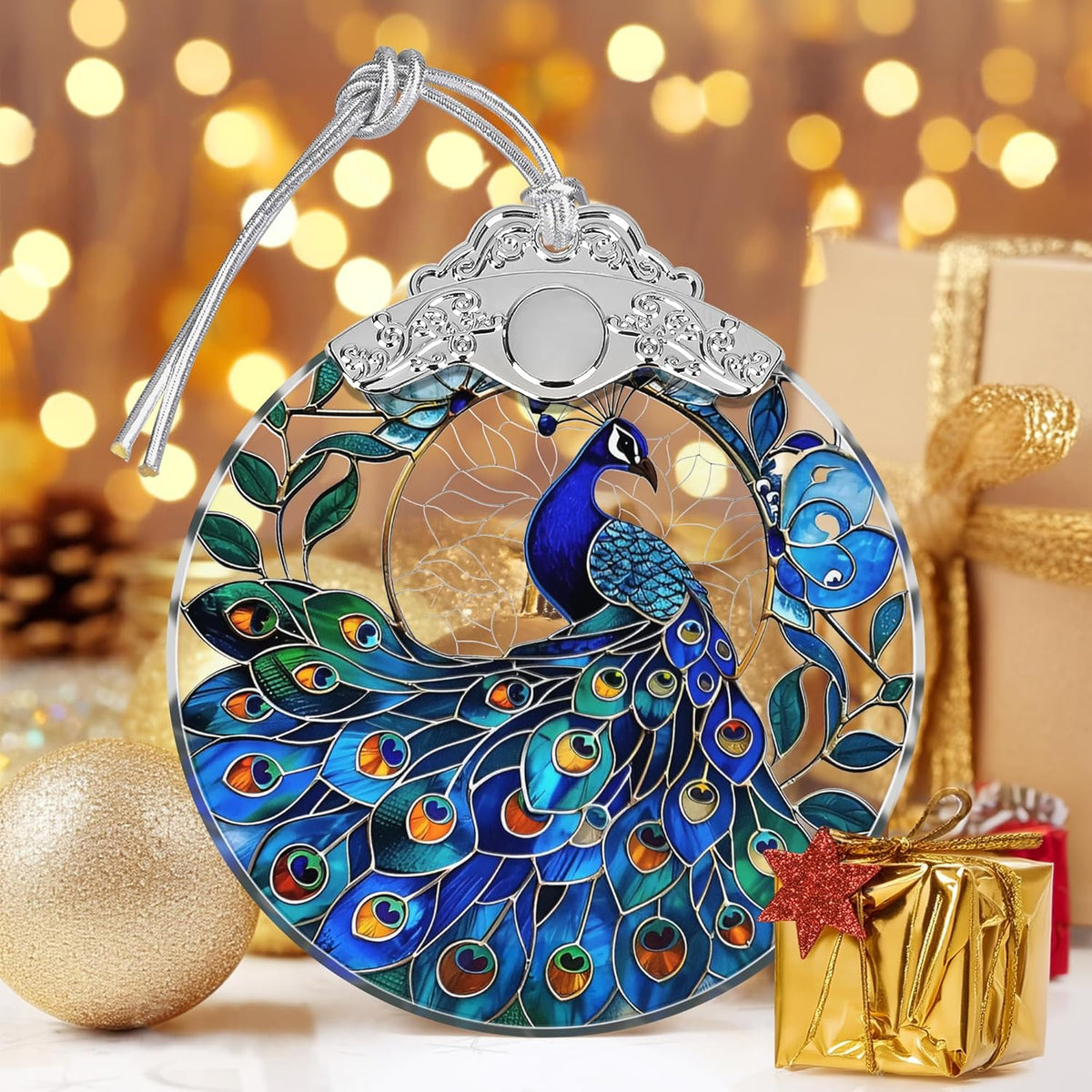 Peacock Stained Glass Ornament - Christmas Tree Decor, Peacock Ornaments for Holiday Gifts