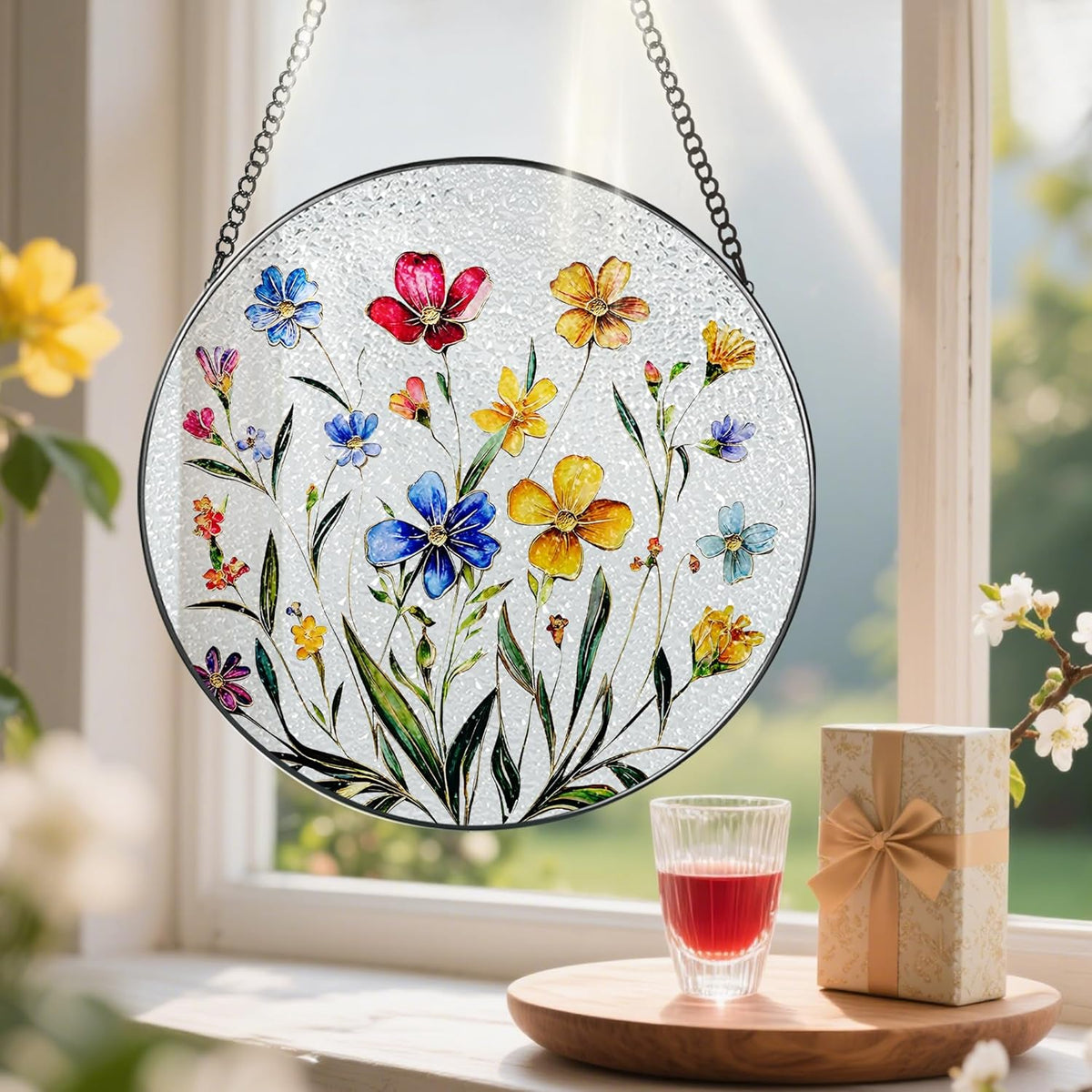 Wildflower Stained Glass Suncatcher, Stained Glass Window Hanging, 8 Inch Wildflower Window Decor