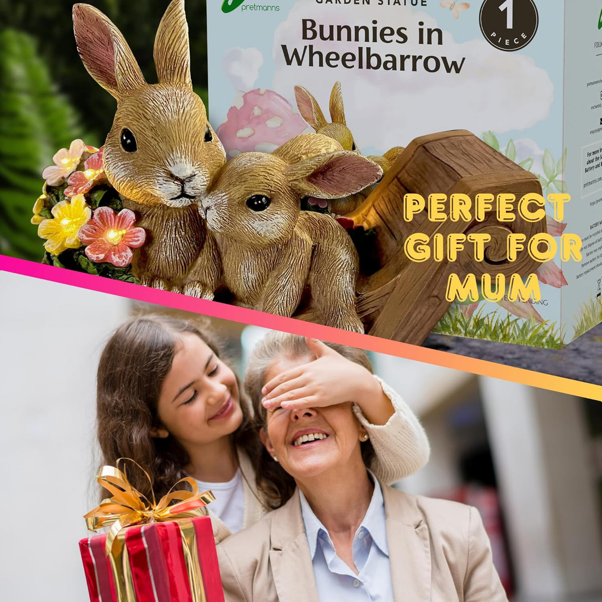 PRETMANNS Solar Rabbit Garden Statue - Mother & Baby Bunny Outdoor Decor with LED Lights for Patio