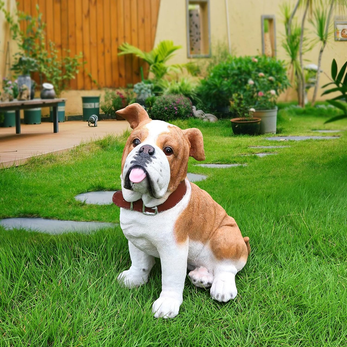 English Bulldog Outdoor Dog Statue with Flip-Over “Welcome/ON Patrol” Plaque and Solar Path