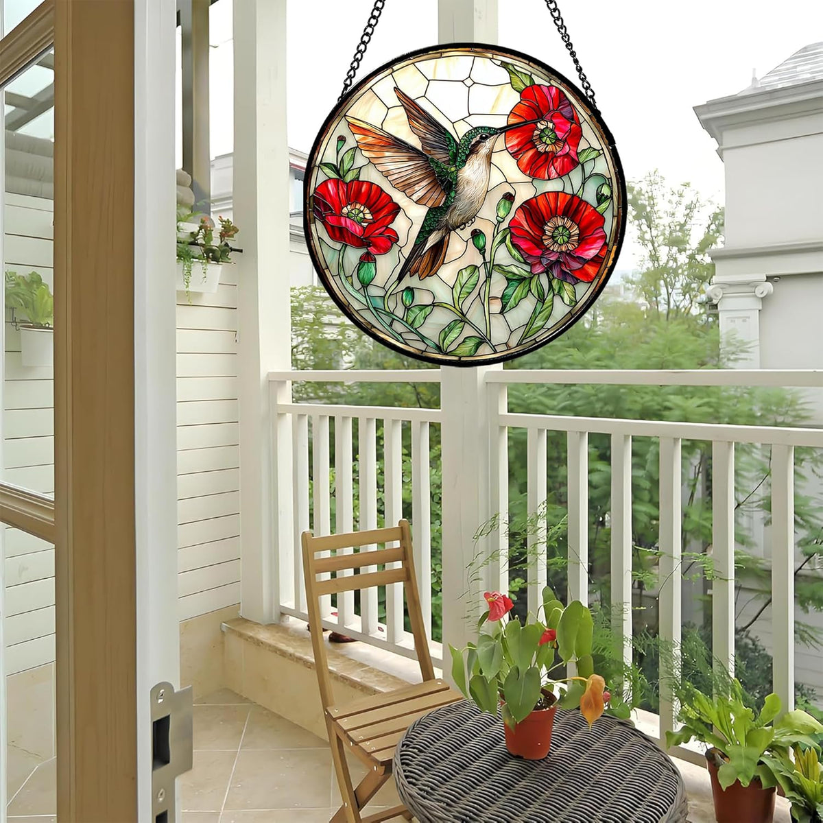 Stained Glass Window Hanging - Green Hummingbird Red Flower Suncatcher for Door Terrace Garden Home