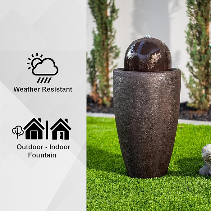 XBrand 25.98" H Round Stone Indoor/Outdoor Modern Stone Textured Sphere Water Fountain with LED Lights, Ball Fountain Decor for Garden, Patio, Outdoor, Brown