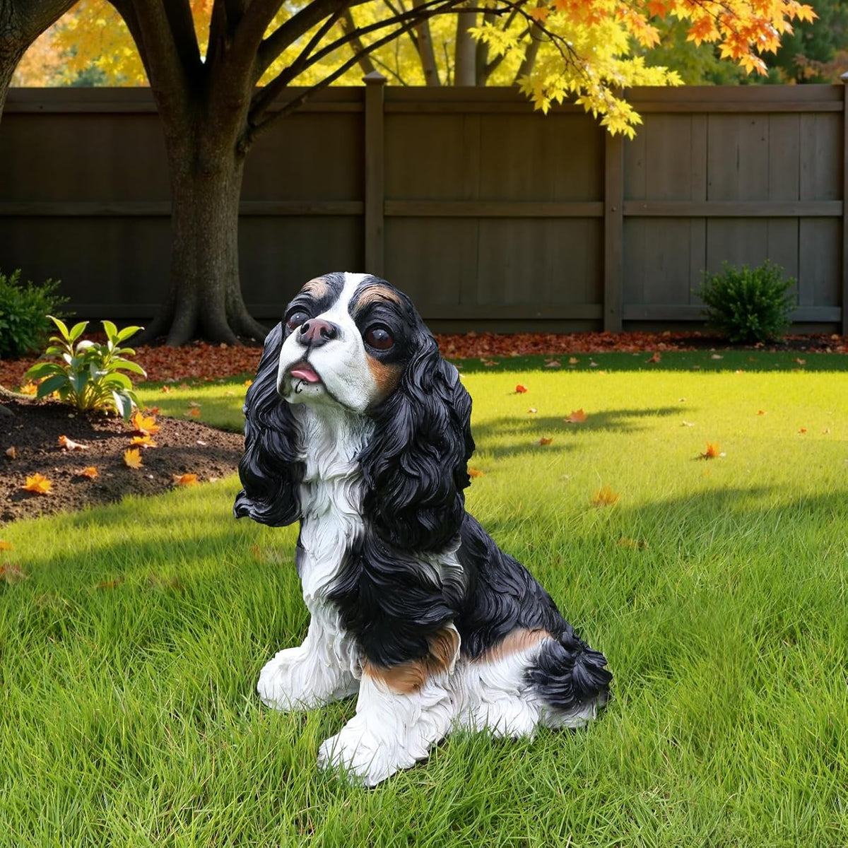 Cavalier King Charles Spaniel Outdoor Dog Statue with Reversible “Welcome/ON Patrol” Hanging Plaque