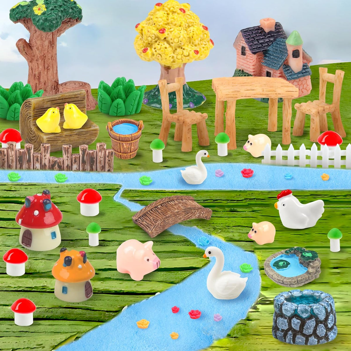 50 Pcs Fairy Garden Miniatures Accessories Bridge House Landscape Water Well Animal Fence Tree Sand