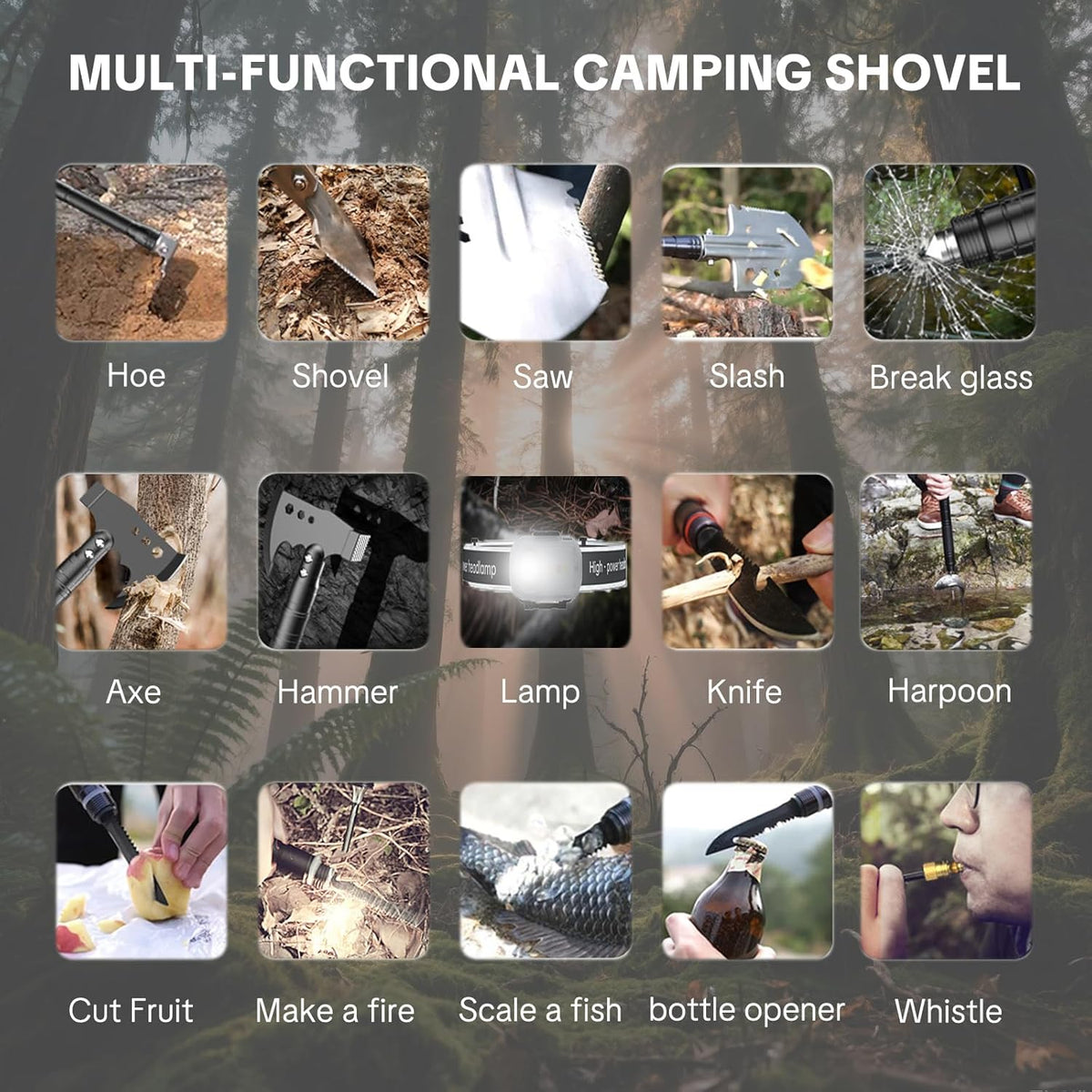 Jbox Shovel Axe Set, High Carbon Steel Folding Shovel with Adjustable 19.2-37.8 Inch Handle