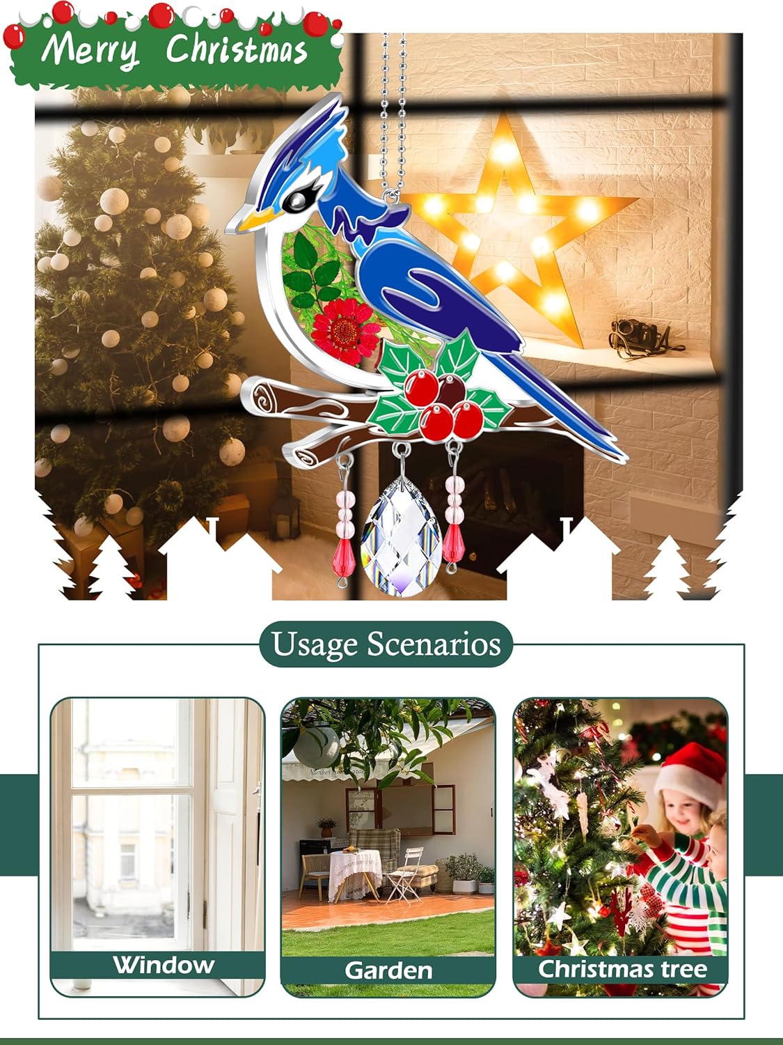 KY&BOSAM Blue Bird Suncatcher Gifts for Mom Hand Painted Stained Glass for Windows Hanging Wind