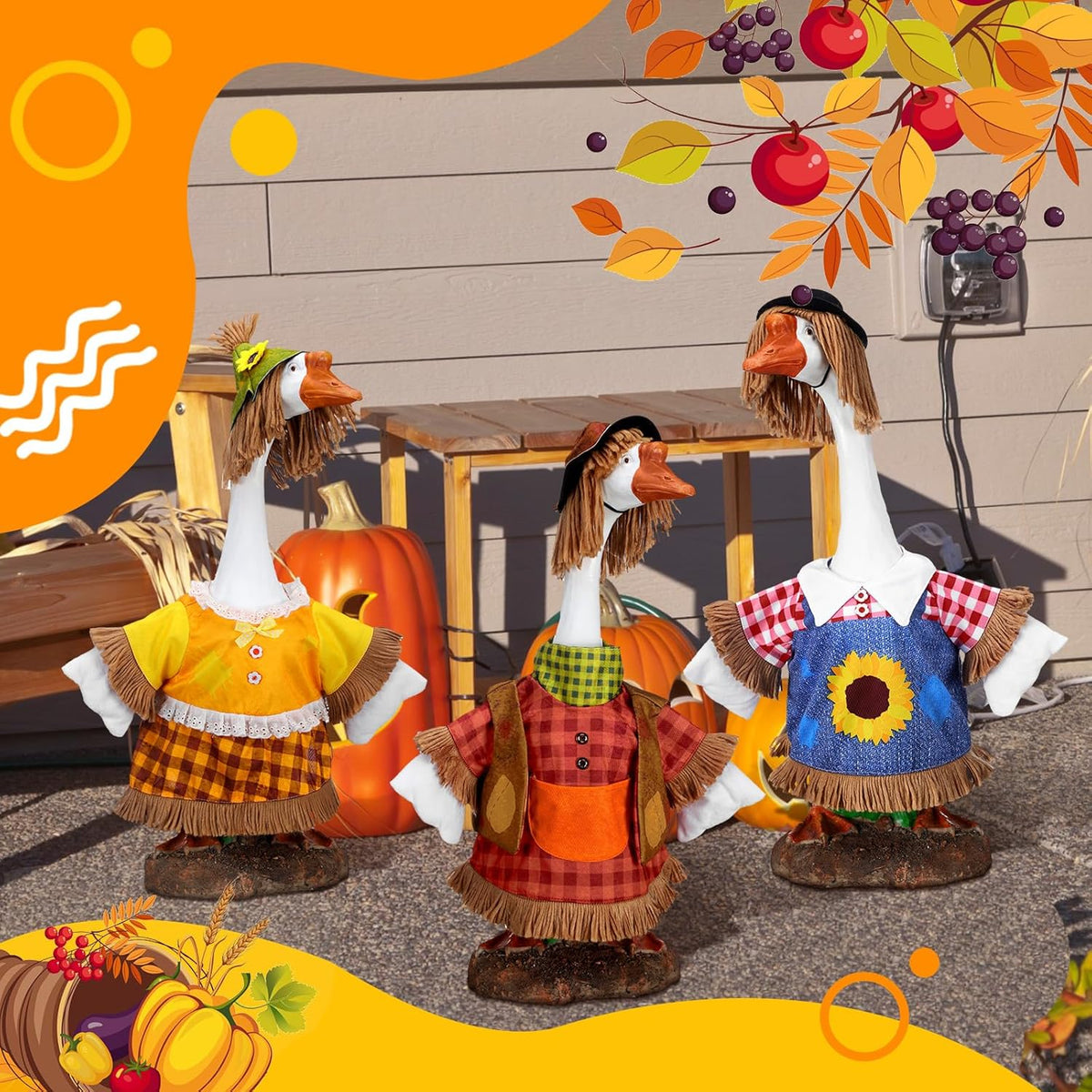 3 Set Fall Goose Outfit 23 Inch Fall Pilgrim Cement Goose Outfit Thanksgiving Scarecrow Porch Decor