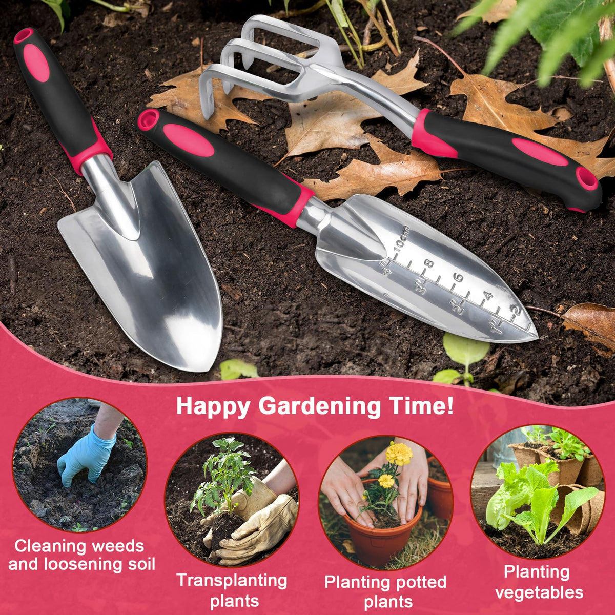 Garden Tools Set, 3 Pack Heavy Duty Gardening Tools Set Include Garden Shovel, Transplant Trowel