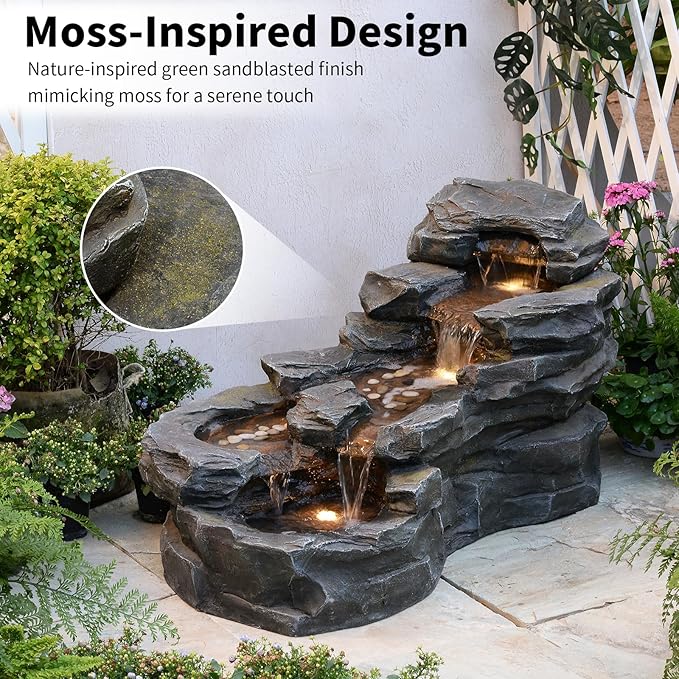 37" L Garden Outdoor Water Fountain, Floor Standing 5-Tiers Rock Natural Waterfall Outdoor