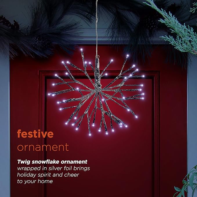 Alpine Corporation | 10"H Indoor Christmas Snowflake Ornament with White LED Lights — Elegant Glowing Silver Holiday Décor for Tabletops & Mantels