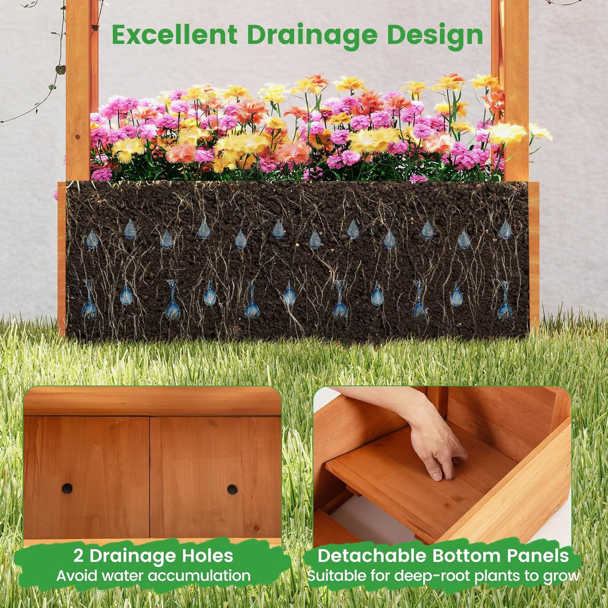 S AFSTAR Raised Garden Bed with Trellis, 2 Pieces Wood Planter Box with Hanging Roof & Drainage