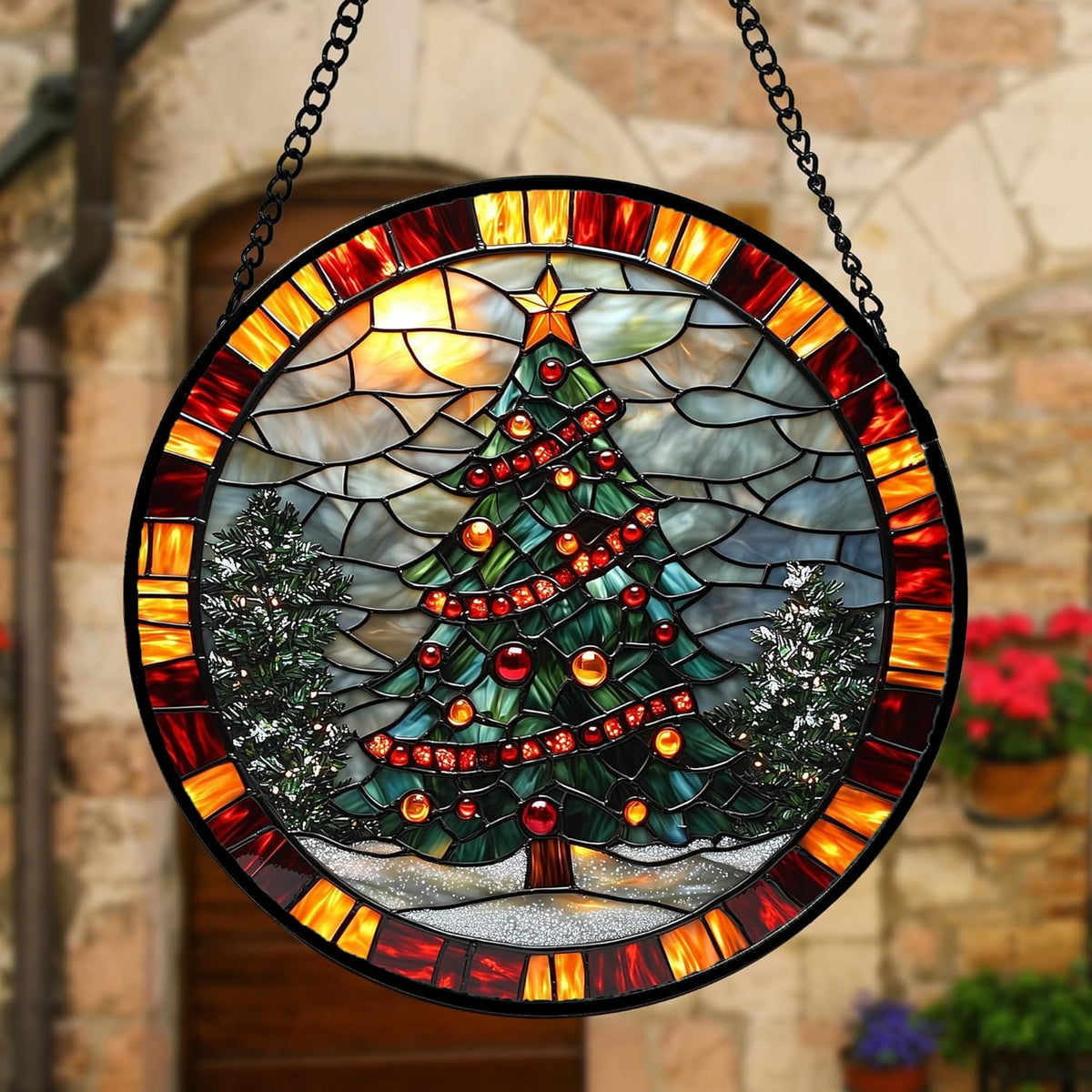 Stained Glass Window Hanging - Winter Christmas Tree Suncatcher Ready to Hang Window Doors Home