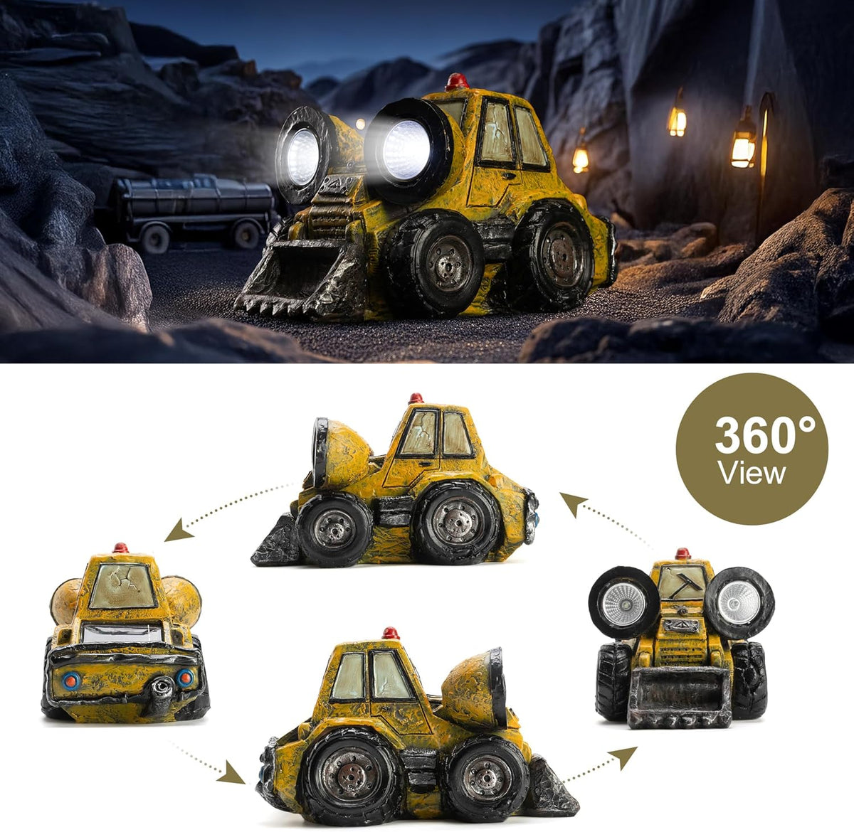 Garden Statue Outdoor Solar Light Decor with LED Light Rustic Vintage Bulldozer Construction