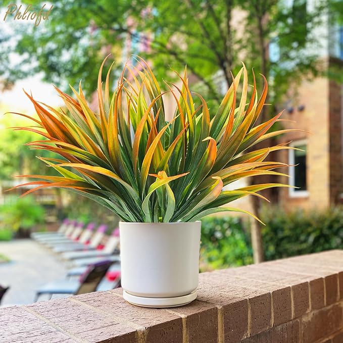 16Pcs Artificial Grass Fake Plants 17.3in Outdoor Plastic Plants UV Resistant Greenery Fake Grass